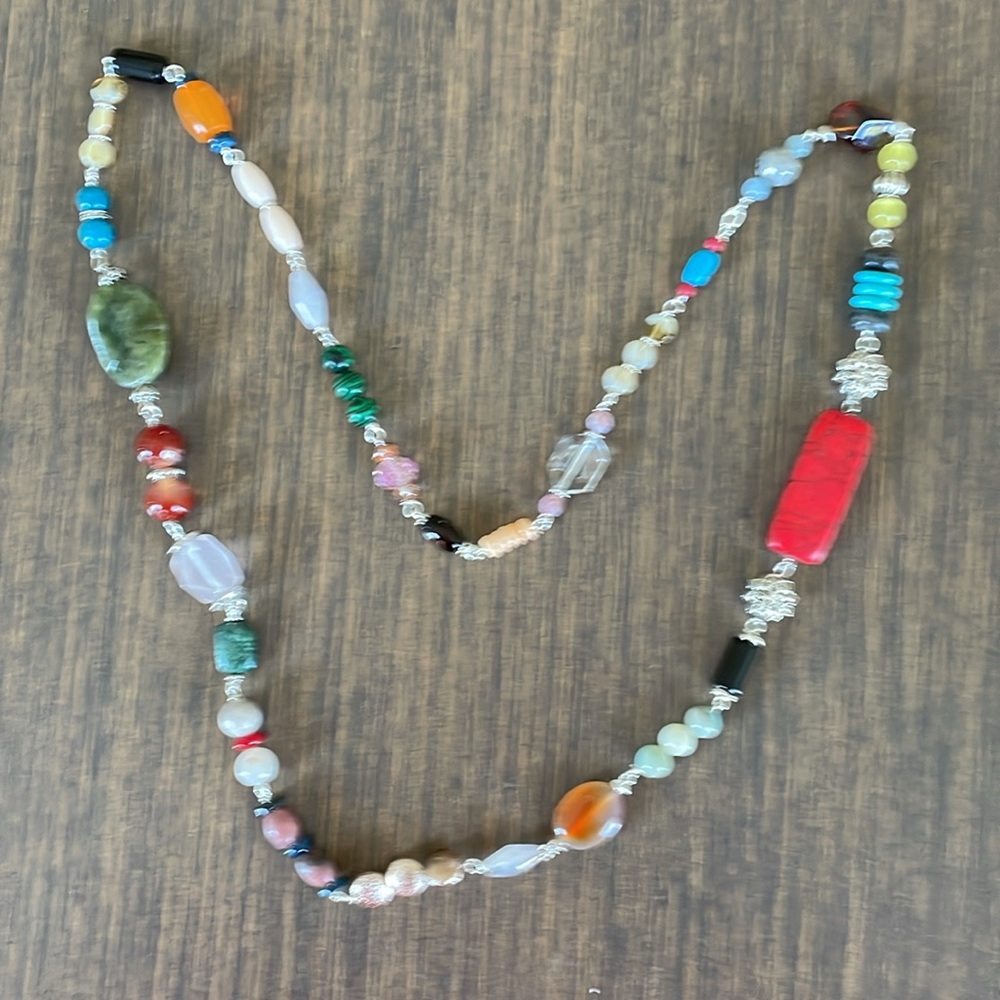 HAND CRAFTED EXTRA LONG MULTICOLORED BOHO JEWELED STATEMENT NECKLACE Approx. 34” - Picture 5 of 10